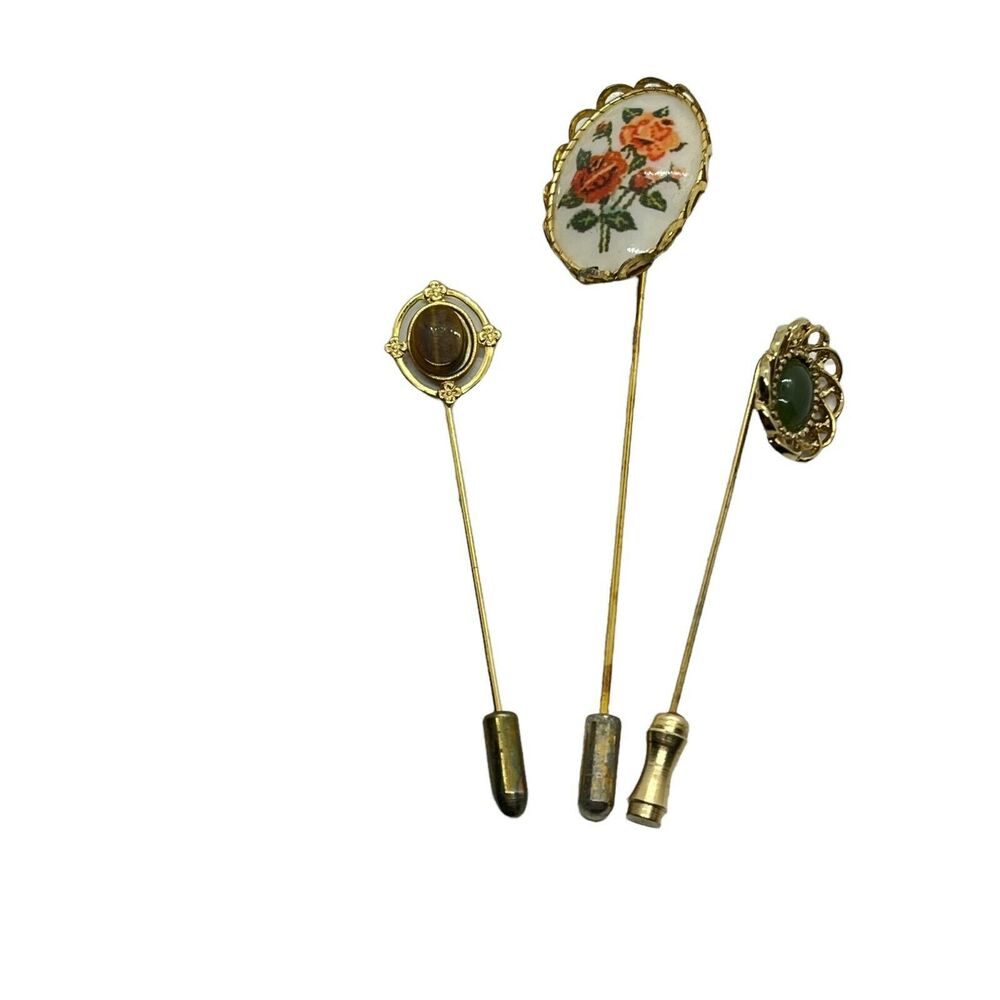 Stick Pin Set Of 3 Vintage Womens Gold Tone Tiger's Eye Green Stone Lapel